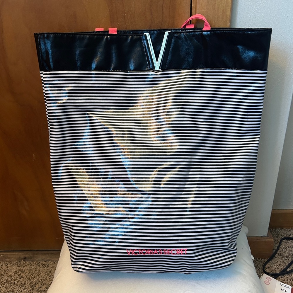 Victoria’s Secret Vinyl Black/White Striped Beach Tote Bag with Pink Straps